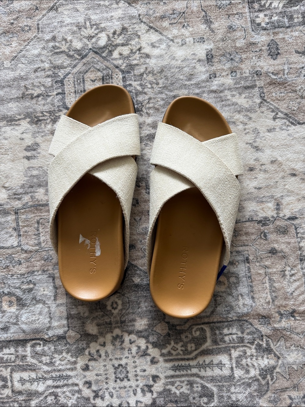 NEW Rothy's Cream Crisscross Slide Sandals with Tan Footbed